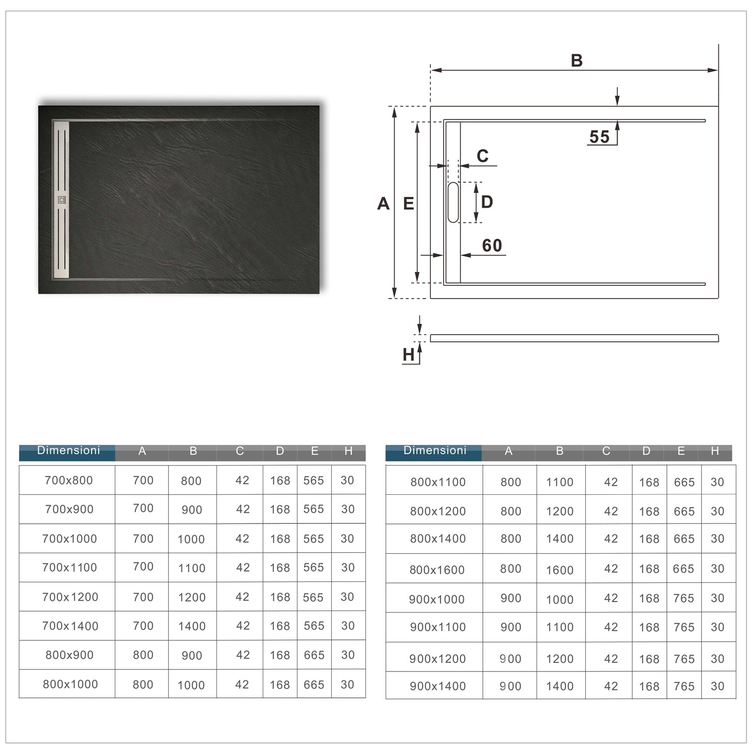 Piatto Doccia Rettangolare / Quadrato Spessore di 3cm in Pietra Vulcanica e Resina Mista finitura Pietra Nera Ruvida Antiscivolo Dimensioni Multiple