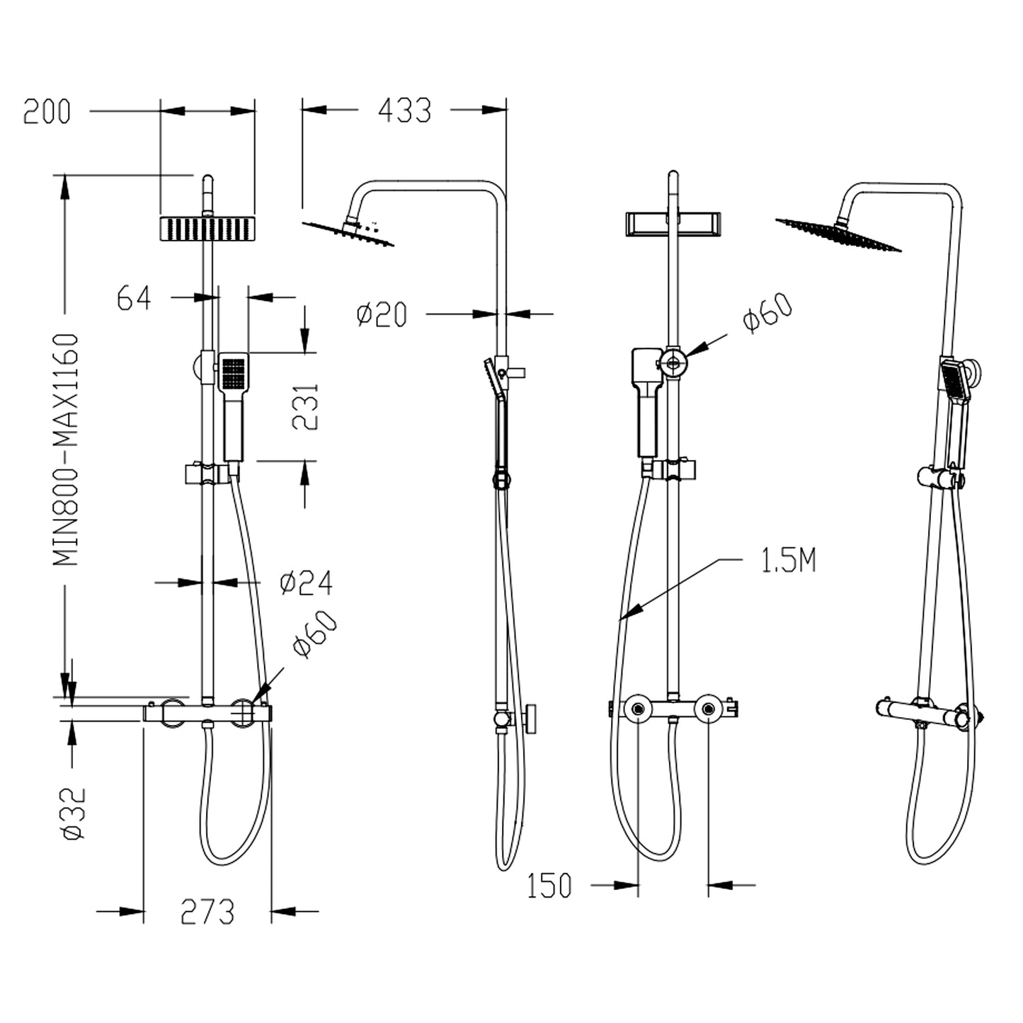 OCEAN ITALY Doccia Soffione in Acciaio Inox con Miscelatore Termostatico, Colonna Doccia con Rubinetto in Ottone e Tubo Flessibile, Saliscendi Doccia Regolabile