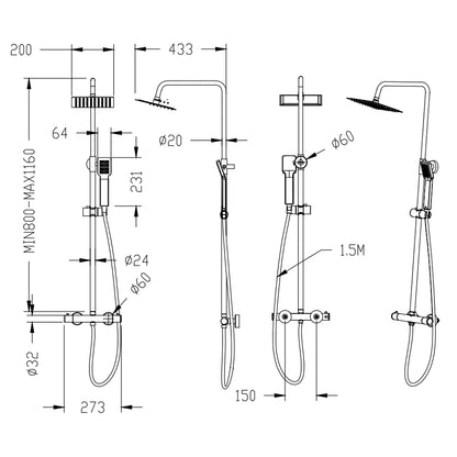 OCEAN ITALY Doccia Soffione in Acciaio Inox con Miscelatore Termostatico, Colonna Doccia con Rubinetto in Ottone e Tubo Flessibile, Saliscendi Doccia Regolabile