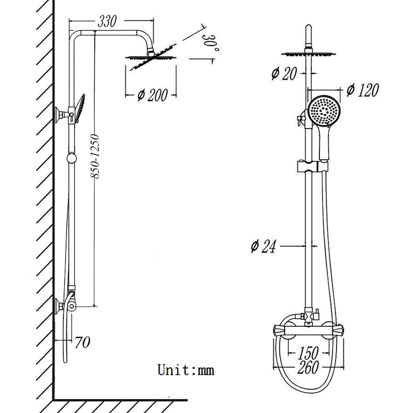 OCEAN ITALY Doccia Termostatica con Soffione e Doccetta a Mano, Miscelatore Doccia con Rubinetto in Ottone, Doccia Soffione Regolabile in Acciaio Inox, Cromato