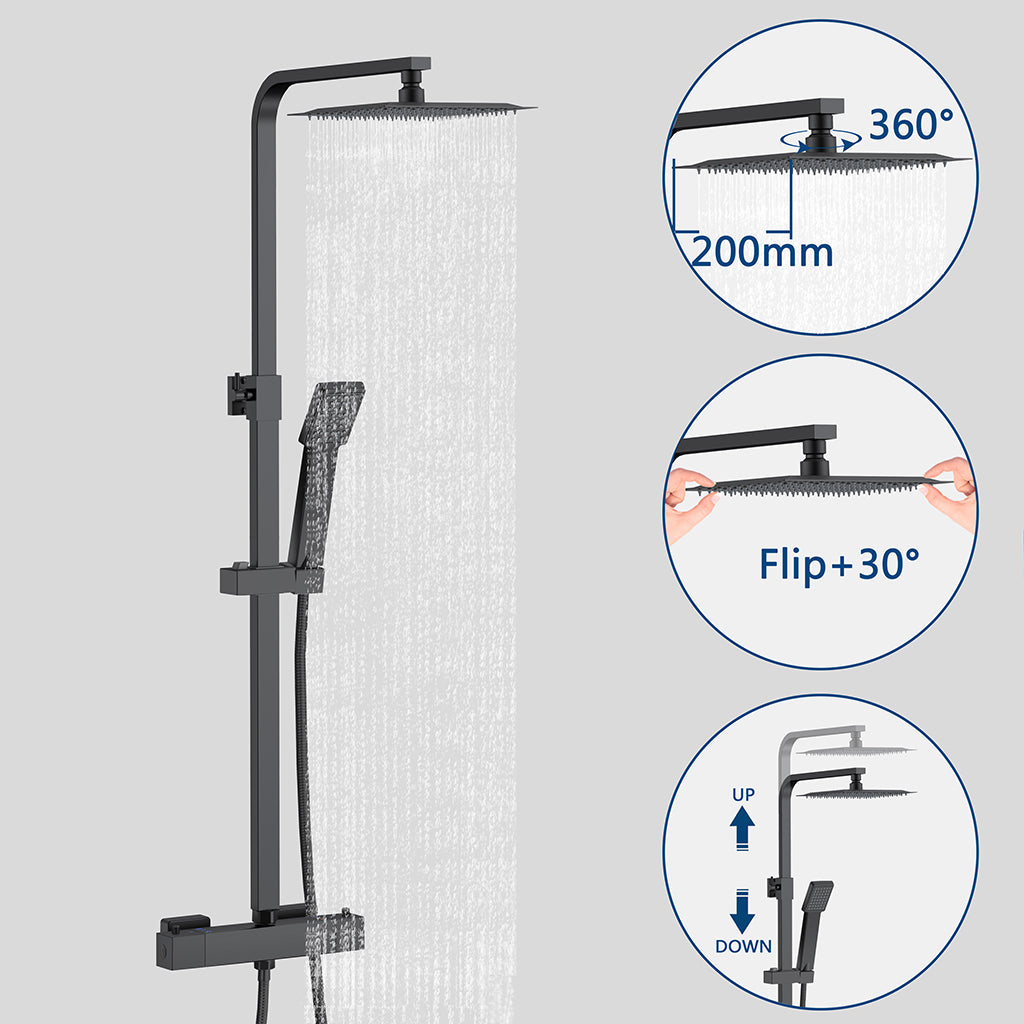 OCEAN ITALY Colonna Doccia con Rubinetto Termostatico, Miscelatore Doccia 280x40mm, Soffione Doccia Quadrato in Acciaio Inox 20x20cm, Altezza Regolabile 730-1150mm, Set Doccia Completo Nero [Classe di efficienza energetica A]