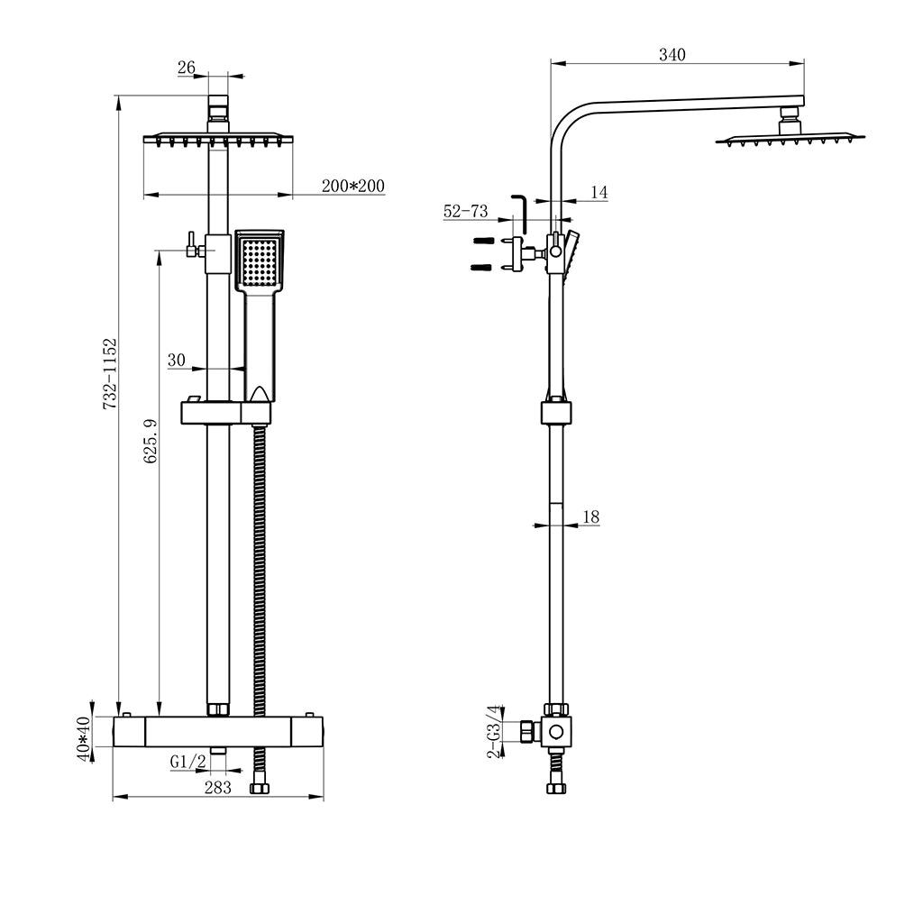 OCEAN ITALY Colonna Doccia con Rubinetto Termostatico, Miscelatore Doccia 280x40mm, Soffione Doccia Quadrato in Acciaio Inox 20x20cm, Altezza Regolabile 730-1150mm, Set Doccia Completo Nero [Classe di efficienza energetica A]