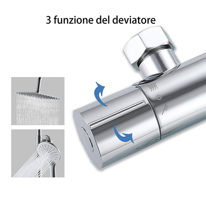 OCEAN ITALY Colonna Doccia con Rubinetto Termostatico, Miscelatore Doccia Soffione Doccia Quadrato in Acciaio Inox 20x20cm, Doccetta Tonda da 108mm, Altezza Regolabile 735-1170mm Cromo [Classe di efficienza energetica A]