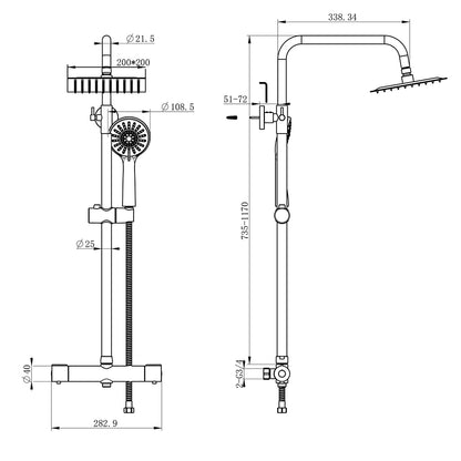 OCEAN ITALY Colonna Doccia con Rubinetto Termostatico, Miscelatore Doccia Soffione Doccia Quadrato in Acciaio Inox 20x20cm, Doccetta Tonda da 108mm, Altezza Regolabile 735-1170mm Cromo [Classe di efficienza energetica A]