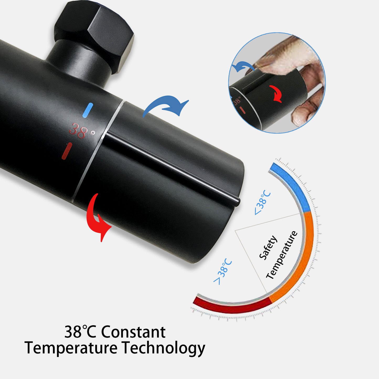 OCEAN ITALY Miscelatore Termostatico per Doccia Nero Opaco, Sistema Doccia Termostatico Rotondo 38 °C con Soffione a Pioggia, Doccetta, Kit Barra Miscelatore Doccia Antiscottatura, Altezza Regolabile