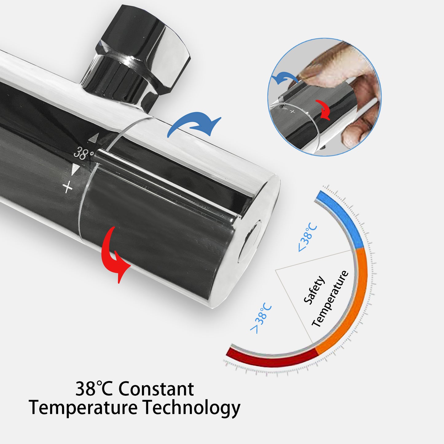 OCEAN ITALY Set miscelatore doccia termostatico cromato, sistema doccia termostatico rotondo 38 °C con soffione a pioggia, doccetta, kit barra miscelatore doccia antiscottatura, altezza regolabile