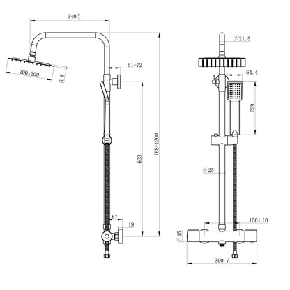 OCEAN ITALY Set Miscelatore Termostatico per Doccia Sistema Doccia, Soffione Quadrato a Pioggia 20 * 20 cm in Acciaio Inossidabile, Doccia a Mano 3 Getti, Asta Alzata, Kit Doccia Antiscottatura, Nero Opaco