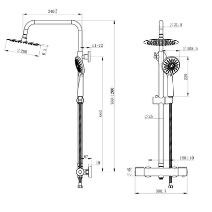 OCEAN ITALY Set miscelatore doccia termostatico cromato, sistema doccia termostatico rotondo 38 °C con soffione a pioggia, doccetta, kit barra miscelatore doccia antiscottatura, altezza regolabile