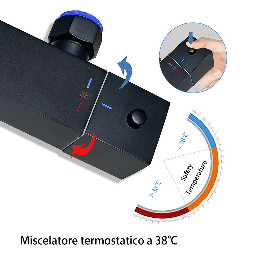 OCEAN ITALY Colonna Doccia con Rubinetto Termostatico, Miscelatore Doccia 280x40mm, Soffione Doccia Quadrato in Acciaio Inox 20x20cm, Altezza Regolabile 735-1170mm, Set Doccia Completo Cromo [Classe di efficienza energetica A]