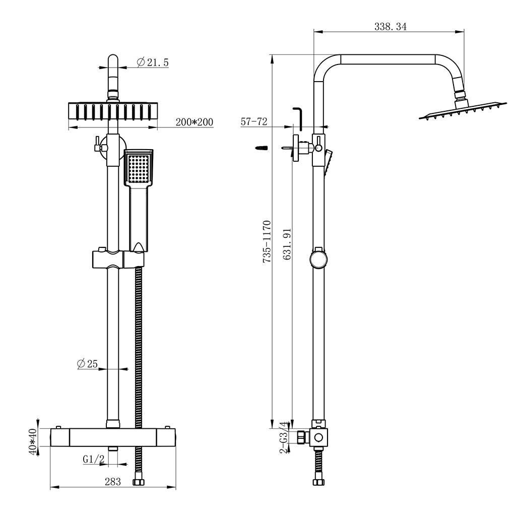 OCEAN ITALY Colonna Doccia con Rubinetto Termostatico, Miscelatore Doccia 280x40mm, Soffione Doccia Quadrato in Acciaio Inox 20x20cm, Altezza Regolabile 735-1170mm, Set Doccia Completo Cromo [Classe di efficienza energetica A]