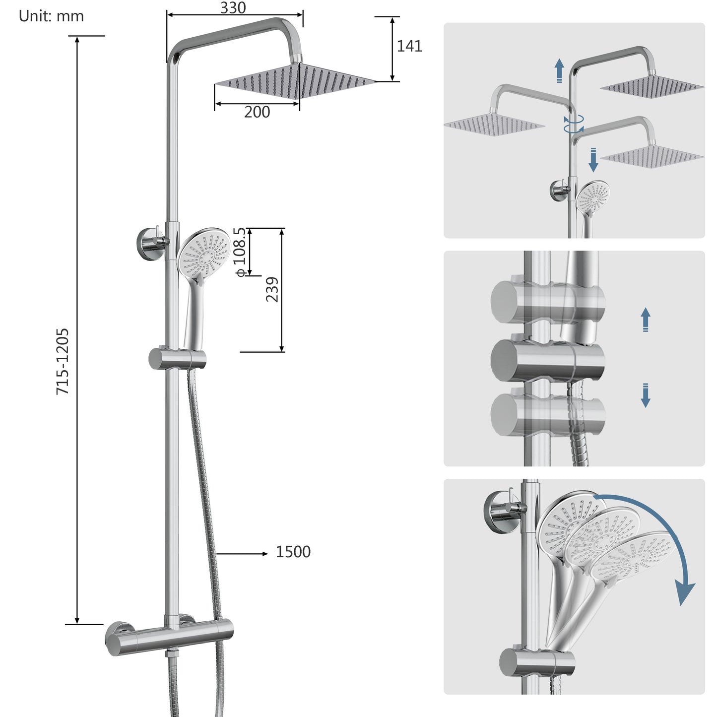 Colonna doccia termostatica con soffione quadrato 20x20 e doccetta a 3 getti, regolabile in altezza 72-120cm