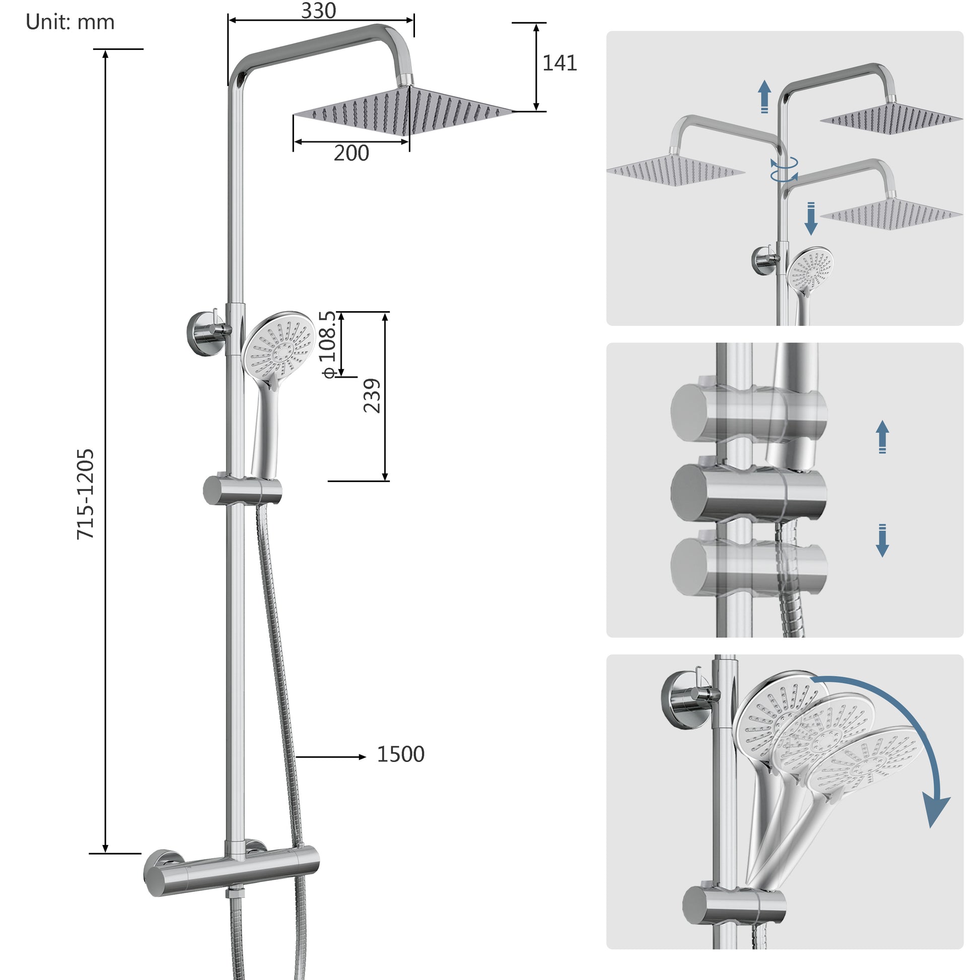 Colonna doccia termostatica con soffione quadrato 20x20 e doccetta a 3 getti, regolabile in altezza 72-120cm