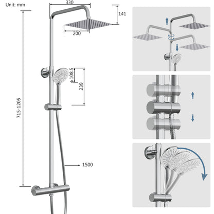 Colonna doccia termostatica con soffione quadrato 20x20 e doccetta a 3 getti, regolabile in altezza 72-120cm