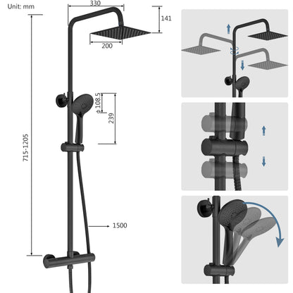 Colonna doccia termostatica con soffione quadrato 20x20 e doccetta a 3 getti, regolabile in altezza 72-120cm