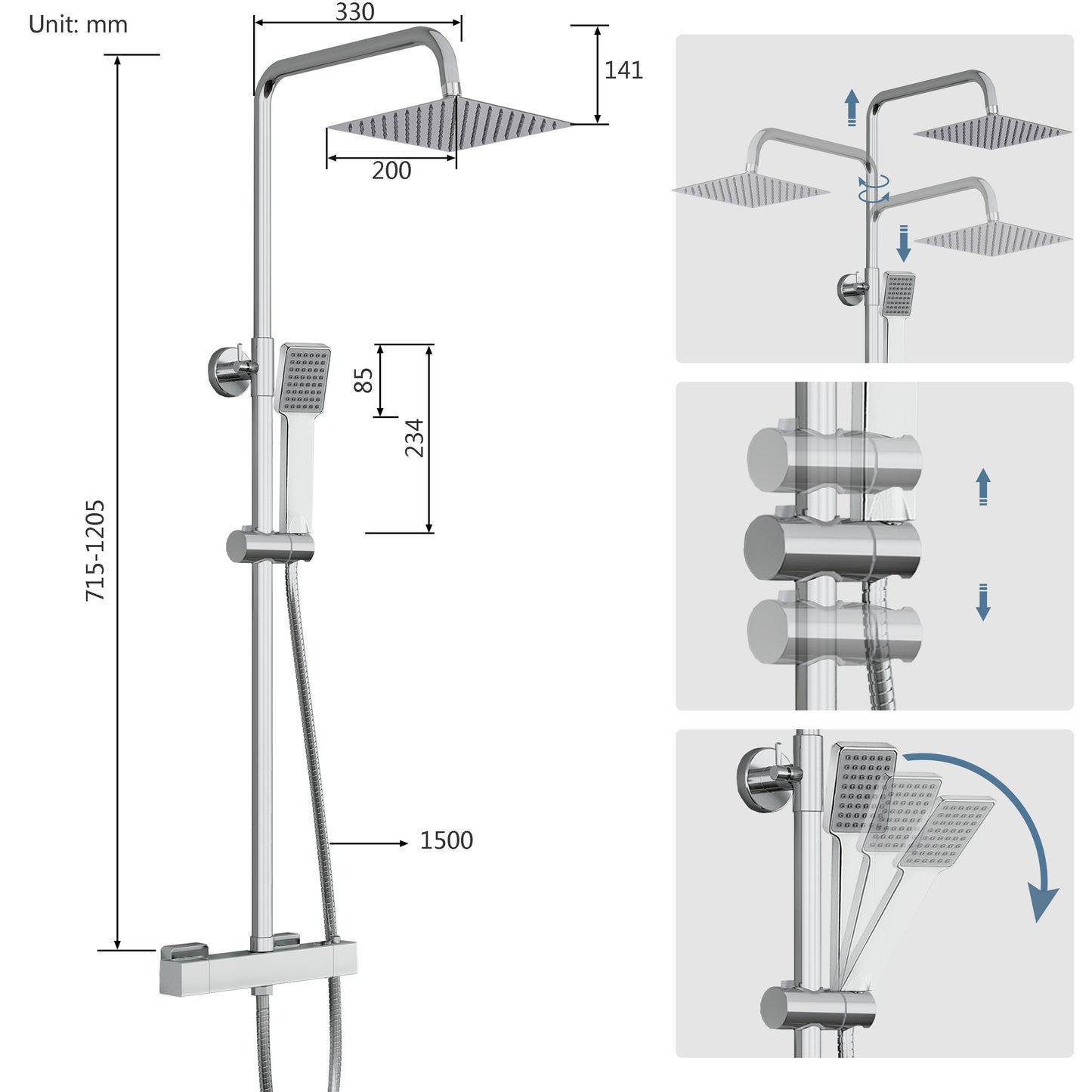 Colonne doccia termostatiche con soffione quadrato 20x20 e doccetta , altezza regolabile 72-120cm