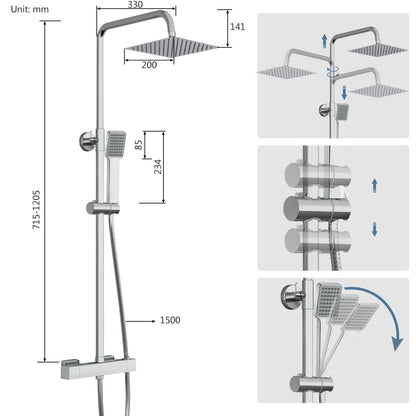 Colonne doccia termostatiche con soffione quadrato 20x20 e doccetta , altezza regolabile 72-120cm