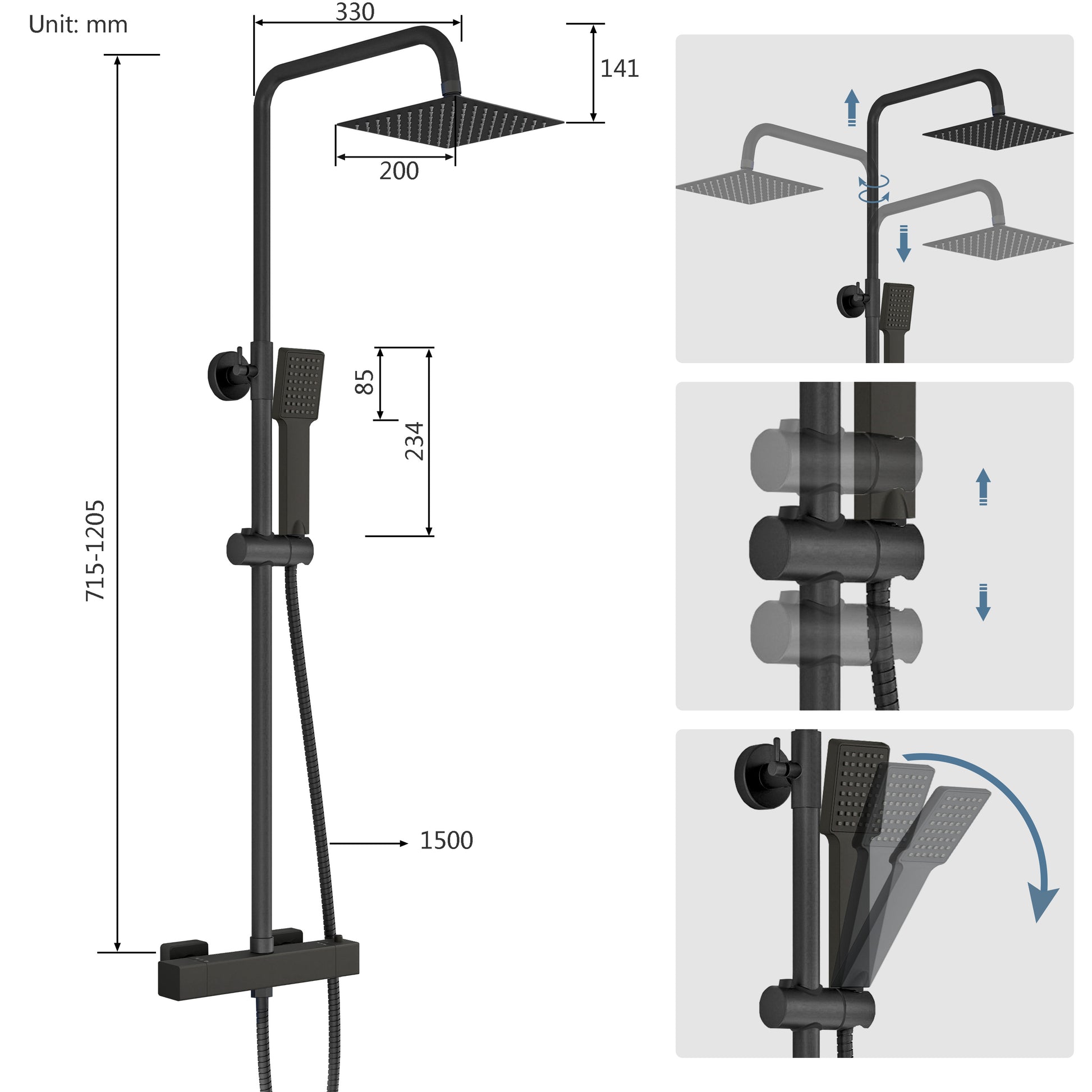 Colonna doccia termostatica con soffione quadrato 20x20 e doccetta