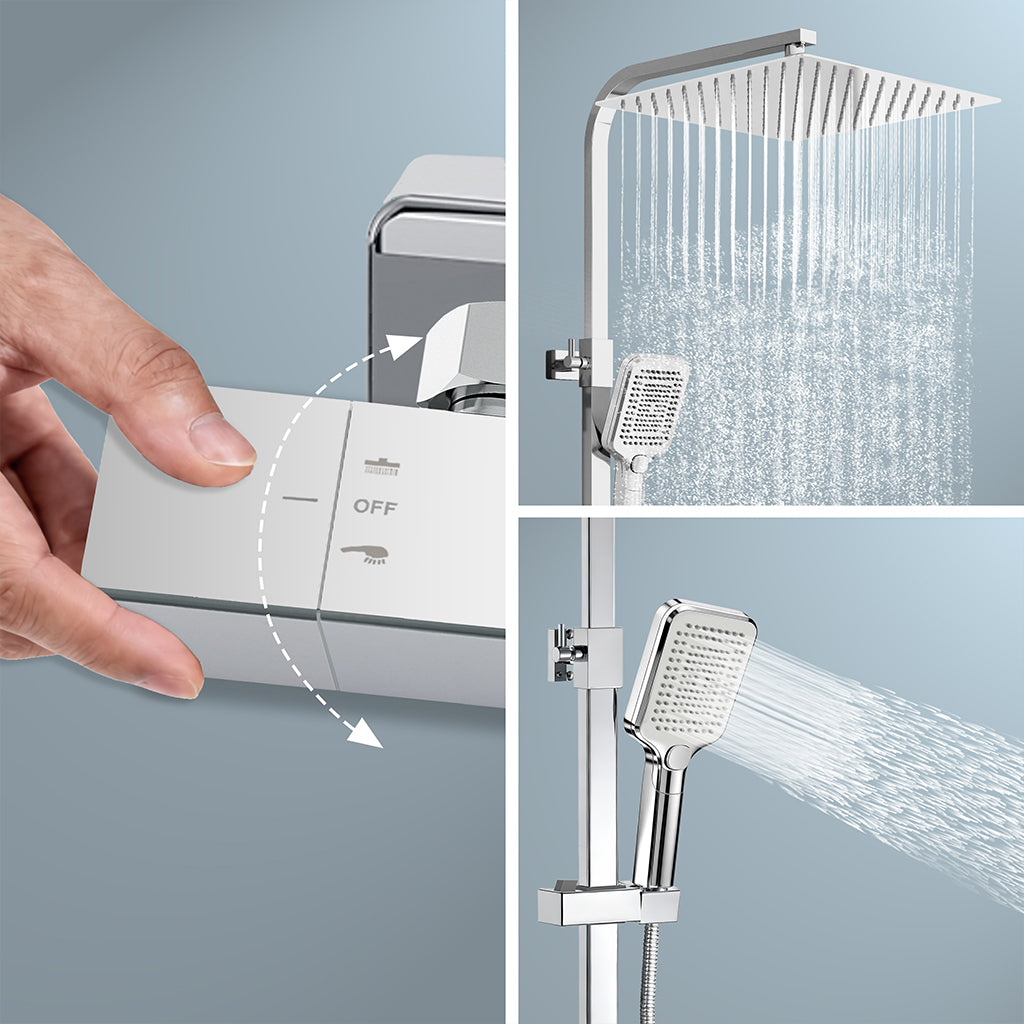 Sistema Doccia Moderno con Soffione Quadro 30x30cm, Rubinetto Cool-Touch Antiscottatura e Doccetta 3 Getti - Asta Regolabile 73-115cm in Acciaio Inox