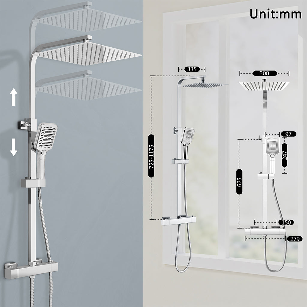 Sistema Doccia Moderno con Soffione Quadro 30x30cm, Rubinetto Cool-Touch Antiscottatura e Doccetta 3 Getti - Asta Regolabile 73-115cm in Acciaio Inox