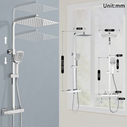 Sistema Doccia Moderno con Soffione Quadro 30x30cm, Rubinetto Cool-Touch Antiscottatura e Doccetta 3 Getti - Asta Regolabile 73-115cm in Acciaio Inox