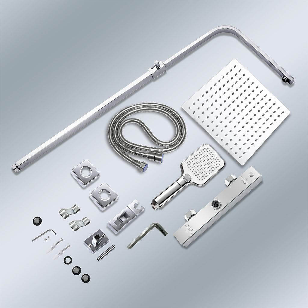 Sistema Doccia Moderno con Soffione Quadro 30x30cm, Rubinetto Cool-Touch Antiscottatura e Doccetta 3 Getti - Asta Regolabile 73-115cm in Acciaio Inox