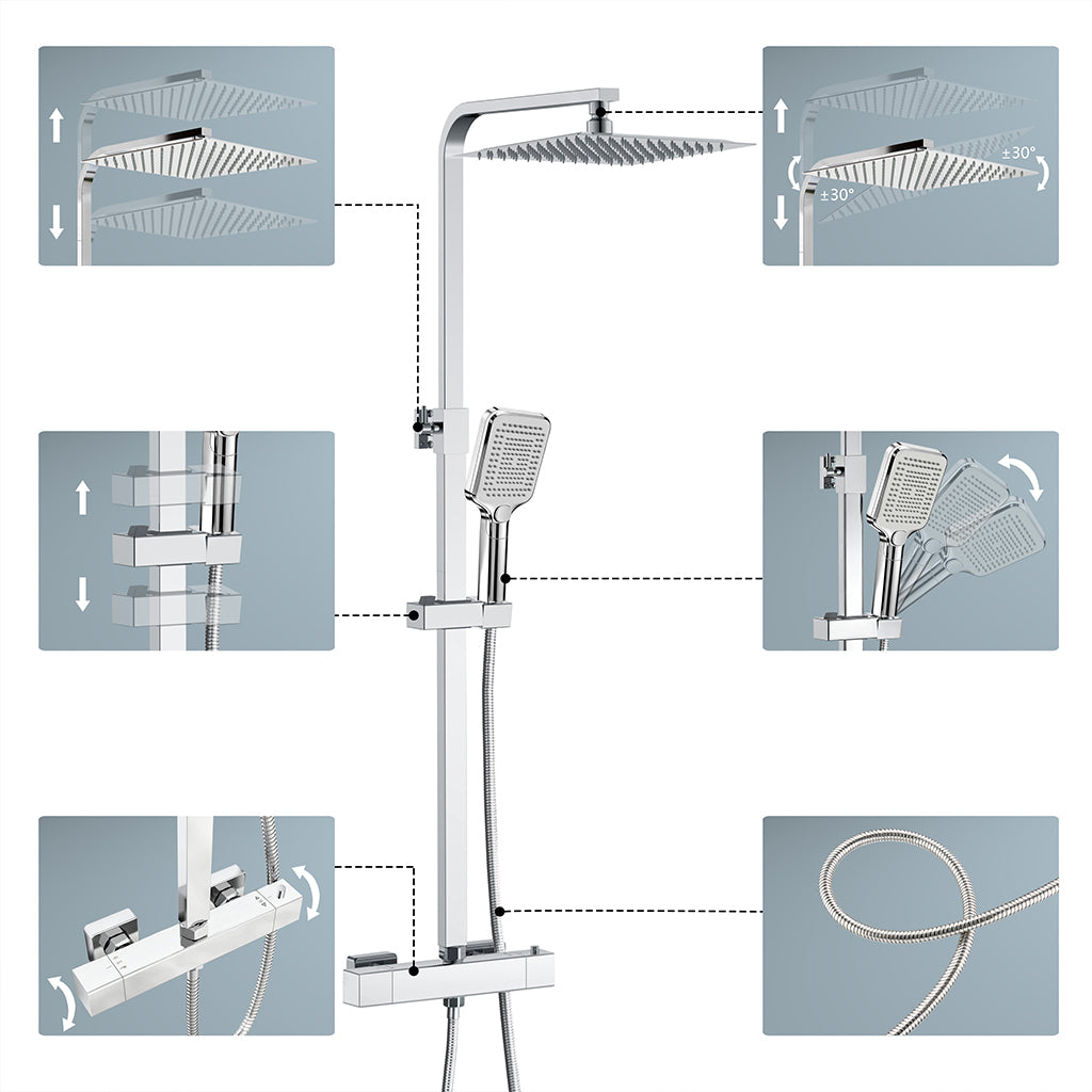 Sistema Doccia Moderno con Soffione Quadro 30x30cm, Rubinetto Cool-Touch Antiscottatura e Doccetta 3 Getti - Asta Regolabile 73-115cm in Acciaio Inox