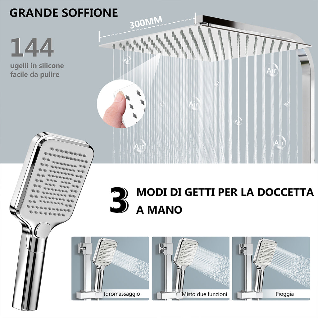 Sistema Doccia Moderno con Soffione Quadro 30x30cm, Rubinetto Cool-Touch Antiscottatura e Doccetta 3 Getti - Asta Regolabile 73-115cm in Acciaio Inox