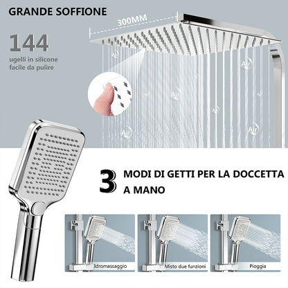 Sistema Doccia Moderno con Soffione Quadro 30x30cm, Rubinetto Cool-Touch Antiscottatura e Doccetta 3 Getti - Asta Regolabile 73-115cm in Acciaio Inox