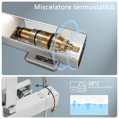 Sistema Doccia Moderno con Soffione Quadro 30x30cm, Rubinetto Cool-Touch Antiscottatura e Doccetta 3 Getti - Asta Regolabile 73-115cm in Acciaio Inox