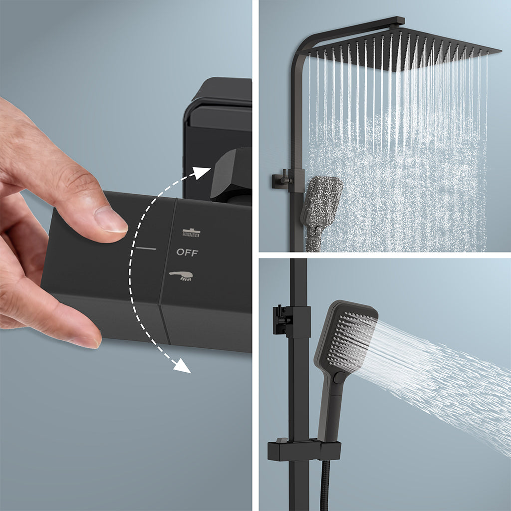 Sistema doccia moderno, dotato di soffione quadrato da 30x30 cm, rubinetto Cool-Touch antiscottatura e doccetta manuale a tre getti — asta doccia regolabile in acciaio inossidabile nero, da 73 a 115 cm