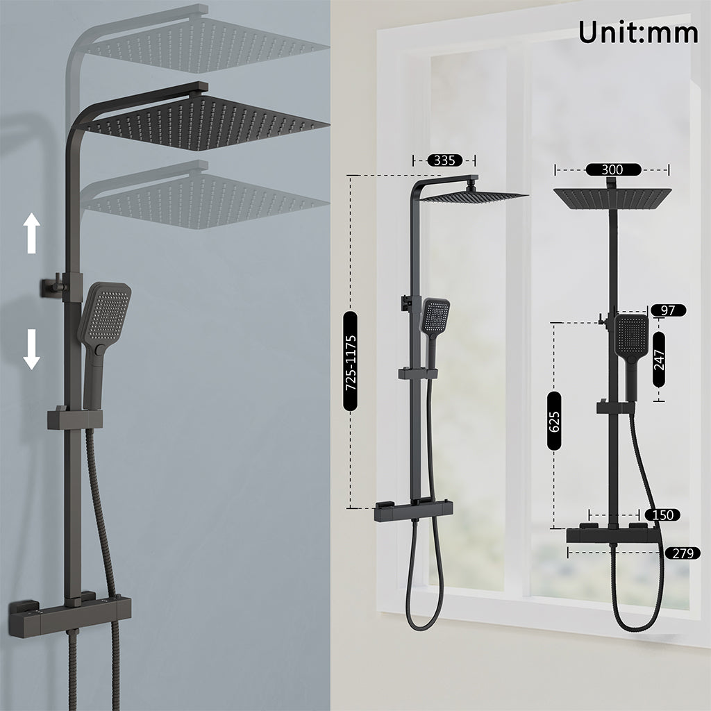 Sistema doccia moderno, dotato di soffione quadrato da 30x30 cm, rubinetto Cool-Touch antiscottatura e doccetta manuale a tre getti — asta doccia regolabile in acciaio inossidabile nero, da 73 a 115 cm