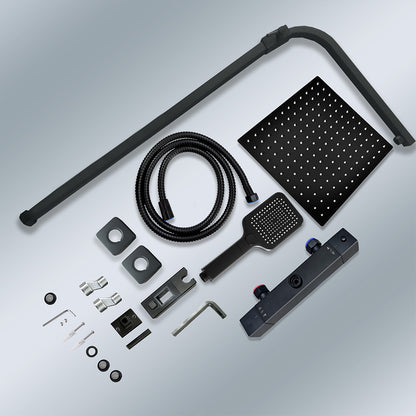 Sistema doccia moderno, dotato di soffione quadrato da 30x30 cm, rubinetto Cool-Touch antiscottatura e doccetta manuale a tre getti — asta doccia regolabile in acciaio inossidabile nero, da 73 a 115 cm
