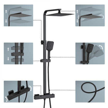 Sistema doccia moderno, dotato di soffione quadrato da 30x30 cm, rubinetto Cool-Touch antiscottatura e doccetta manuale a tre getti — asta doccia regolabile in acciaio inossidabile nero, da 73 a 115 cm