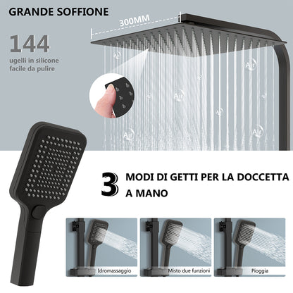 Sistema doccia moderno, dotato di soffione quadrato da 30x30 cm, rubinetto Cool-Touch antiscottatura e doccetta manuale a tre getti — asta doccia regolabile in acciaio inossidabile nero, da 73 a 115 cm