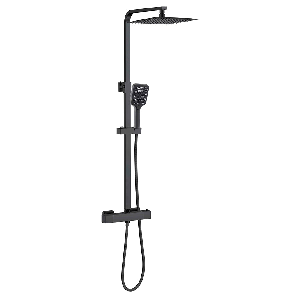 Sistema doccia moderno, dotato di soffione quadrato da 30x30 cm, rubinetto Cool-Touch antiscottatura e doccetta manuale a tre getti — asta doccia regolabile in acciaio inossidabile nero, da 73 a 115 cm