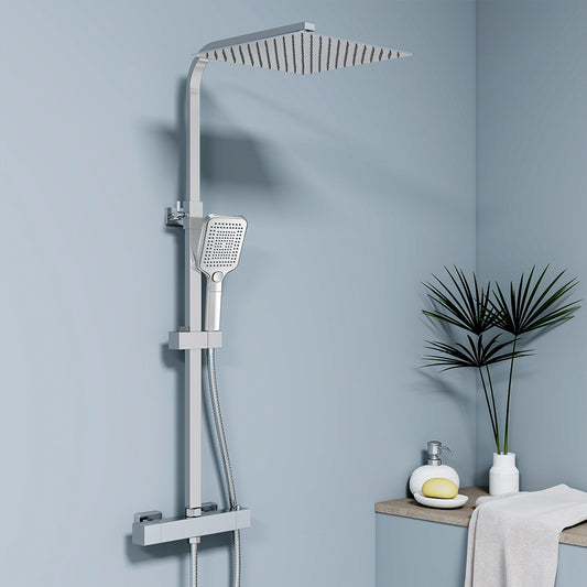Sistema Doccia Moderno con Soffione Quadro 30x30cm, Rubinetto Cool-Touch Antiscottatura e Doccetta 3 Getti - Asta Regolabile 73-115cm in Acciaio Inox