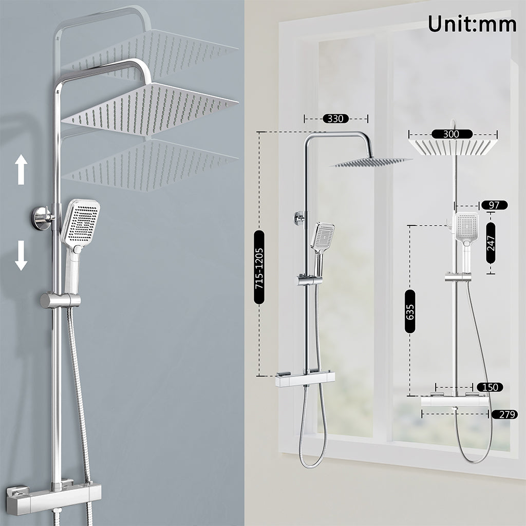 Sistema doccia a pioggia cromato da 30 cm: rubinetto termostatico a 38 °C con protezione antiscottatura e doccetta a tre getti — altezza regolabile