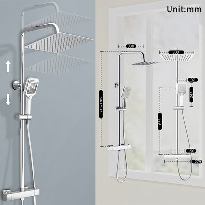 Sistema doccia a pioggia cromato da 30 cm: rubinetto termostatico a 38 °C con protezione antiscottatura e doccetta a tre getti — altezza regolabile
