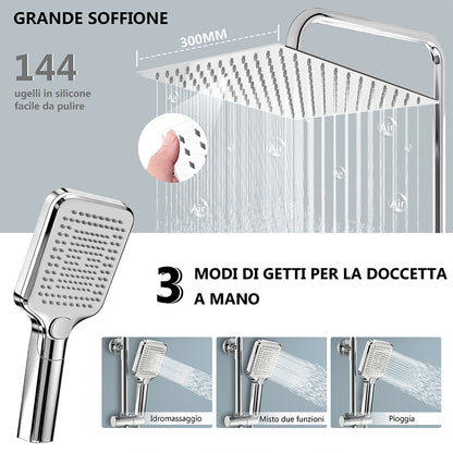 Sistema doccia a pioggia cromato da 30 cm: rubinetto termostatico a 38 °C con protezione antiscottatura e doccetta a tre getti — altezza regolabile