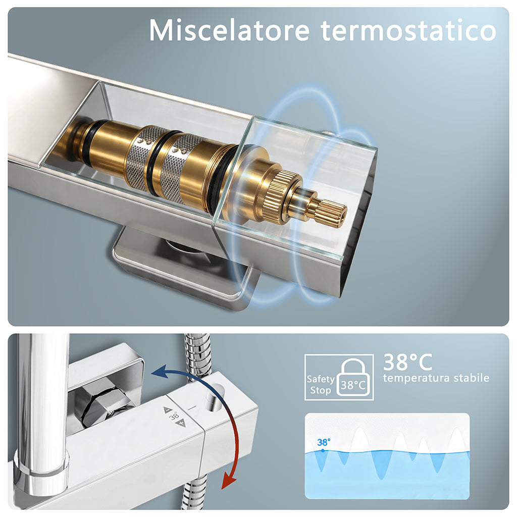 Sistema doccia a pioggia cromato da 30 cm: rubinetto termostatico a 38 °C con protezione antiscottatura e doccetta a tre getti — altezza regolabile