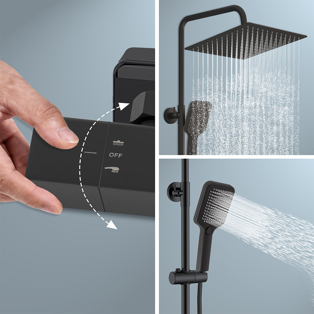 Sistema doccia a pioggia nero da 30 cm: rubinetto termostatico a 38 °C con protezione antiscottatura e doccetta a tre getti — altezza regolabile (Copy)