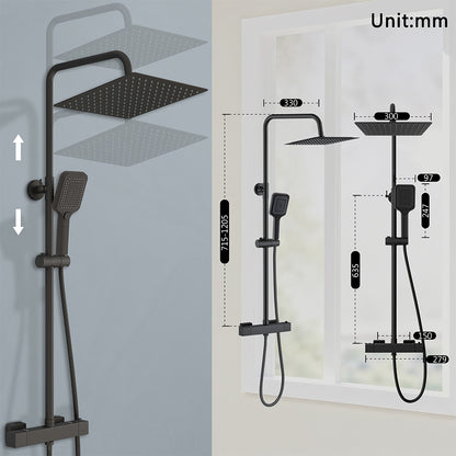 Sistema doccia a pioggia nero da 30 cm: rubinetto termostatico a 38 °C con protezione antiscottatura e doccetta a tre getti — altezza regolabile (Copy)