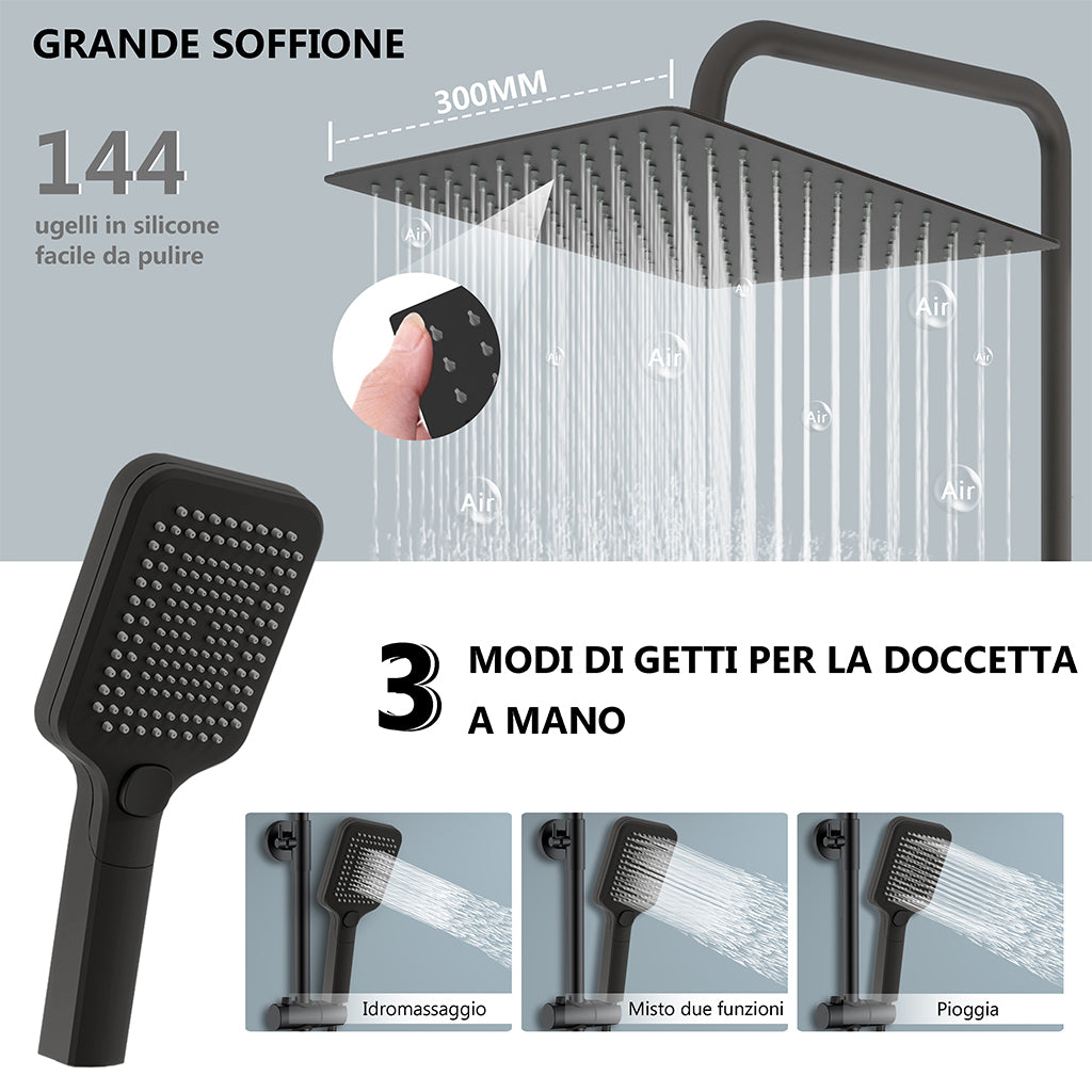 Sistema doccia a pioggia nero da 30 cm: rubinetto termostatico a 38 °C con protezione antiscottatura e doccetta a tre getti — altezza regolabile (Copy)