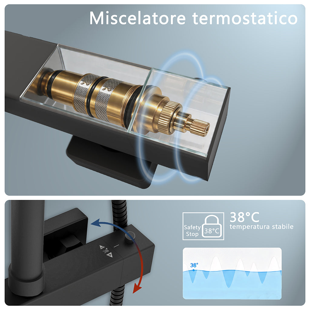 Sistema doccia a pioggia nero da 30 cm: rubinetto termostatico a 38 °C con protezione antiscottatura e doccetta a tre getti — altezza regolabile (Copy)