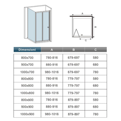 Box Doccia Angolare 80×90×185 cm Porta Scorrevole a Soffietto con Parete Fissa in Vetro Temperato Telai Cromati Lucidi