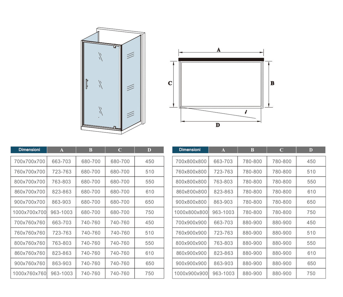 Box Doccia Tre Lati 70-76-80-86-90-100x70-76-80-90x70-76-80-90 cm Alto 185 cm Porta Battente 2 Pareti Laterali in Vetro Temperato 5 mm Cromato