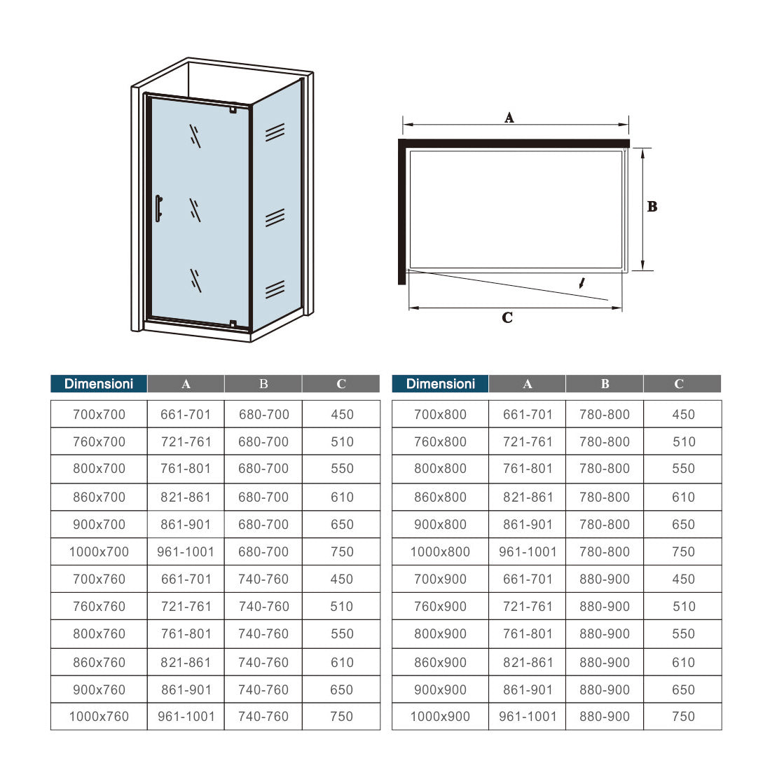 Box Doccia Angolare 70-76-80-86-90-100x70-76-80-90 cm Alto 185 cm Porta Battente con Parete Laterale in Vetro Temperato 5 mm Cromato