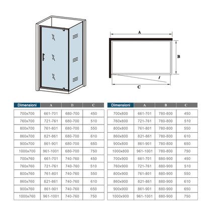 Box Doccia Angolare 70-76-80-86-90-100x70-76-80-90 cm Alto 185 cm Porta Battente con Parete Laterale in Vetro Temperato 5 mm Cromato