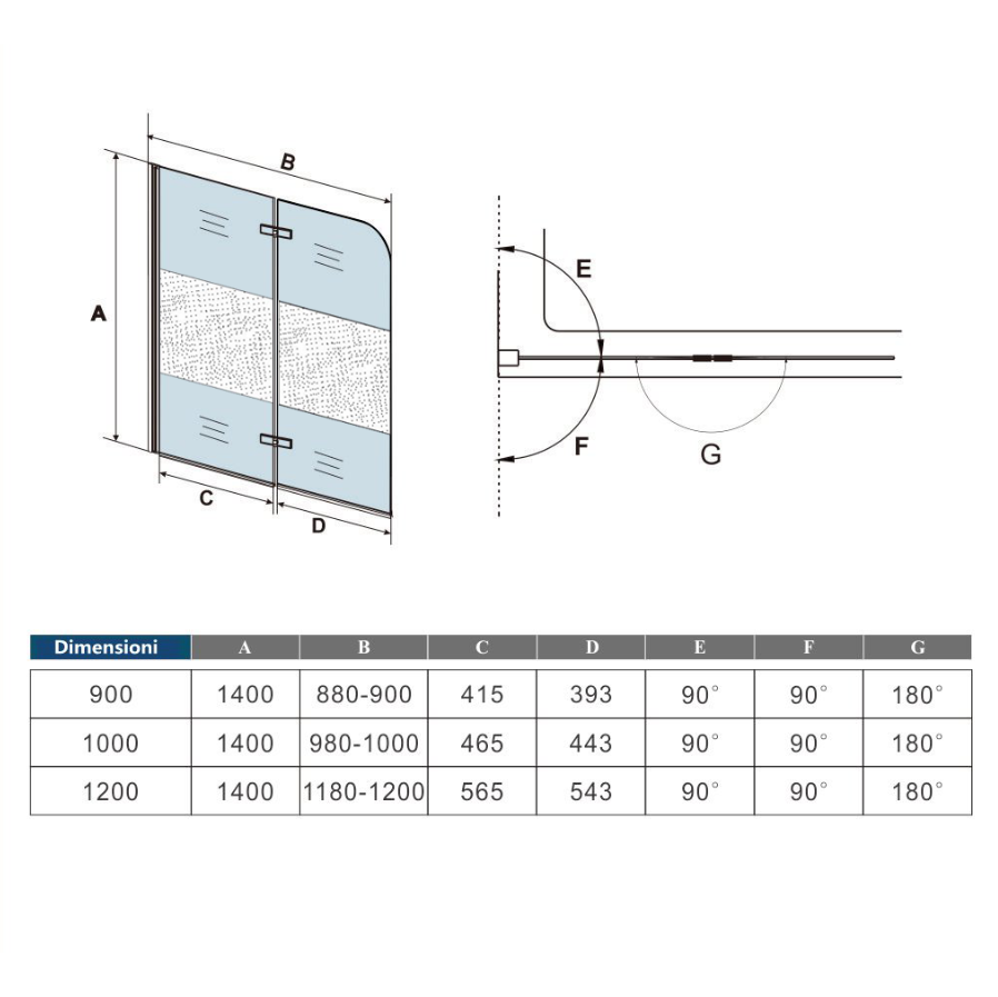 Sopravasca Verso Irreversibile Parete Doccia 100/120x140 cm 2 ante Pieghevoli a Libro Vetro 6 mm Anticalcare Fascia Satinata Centrale Telaio Cromo Lucido