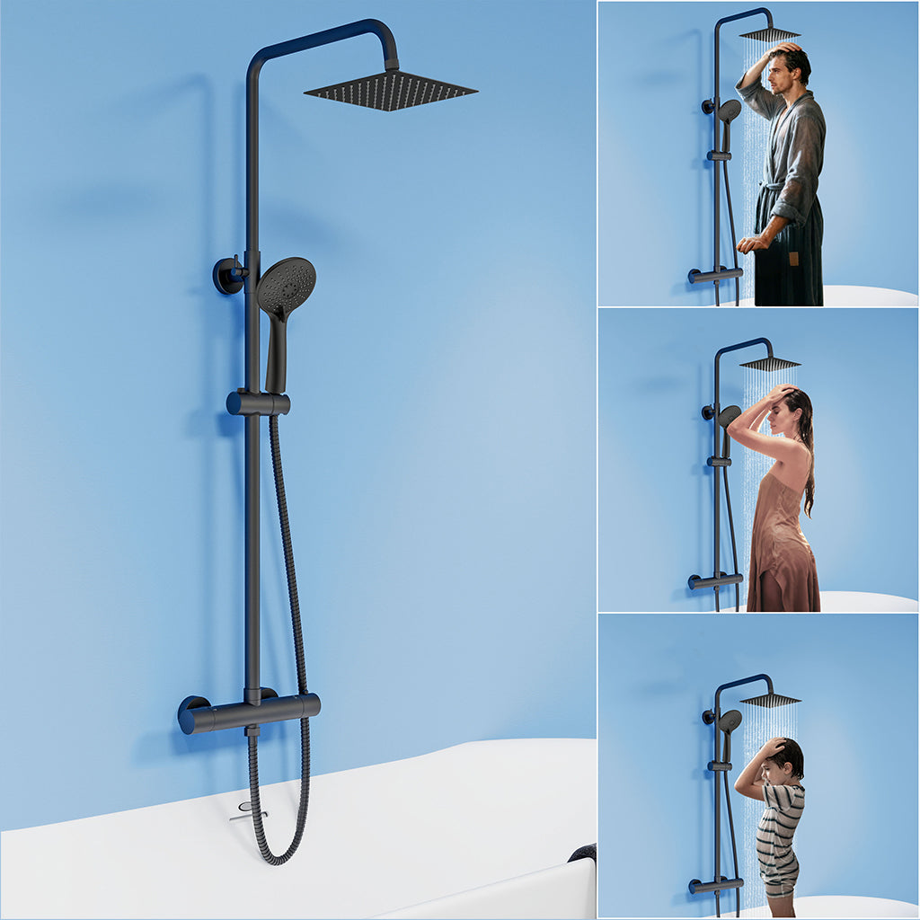 Colonna doccia termostatica con soffione quadrato 20x20 e doccetta a 3 getti, regolabile in altezza 72-125 cm
